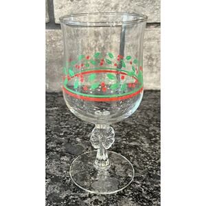 Arby’s Christmas Water Goblet Bow Stem Gold Rim Holly Berries Swirl Optic